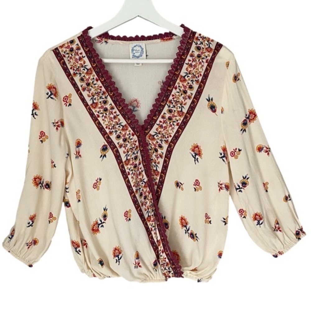 BLUE RAIN Blouse Surplice Boho Floral Creamy White Burgundy Trim Women Size S - Picture 2 of 15